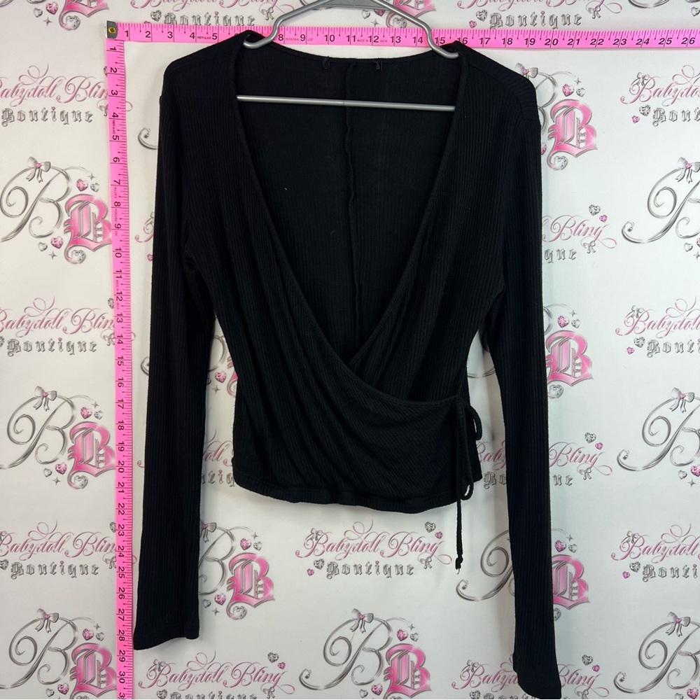 Shirt wrap stretchy Black Ribbed Wrap Long-Sleeve Top With Tie On Side ribbon